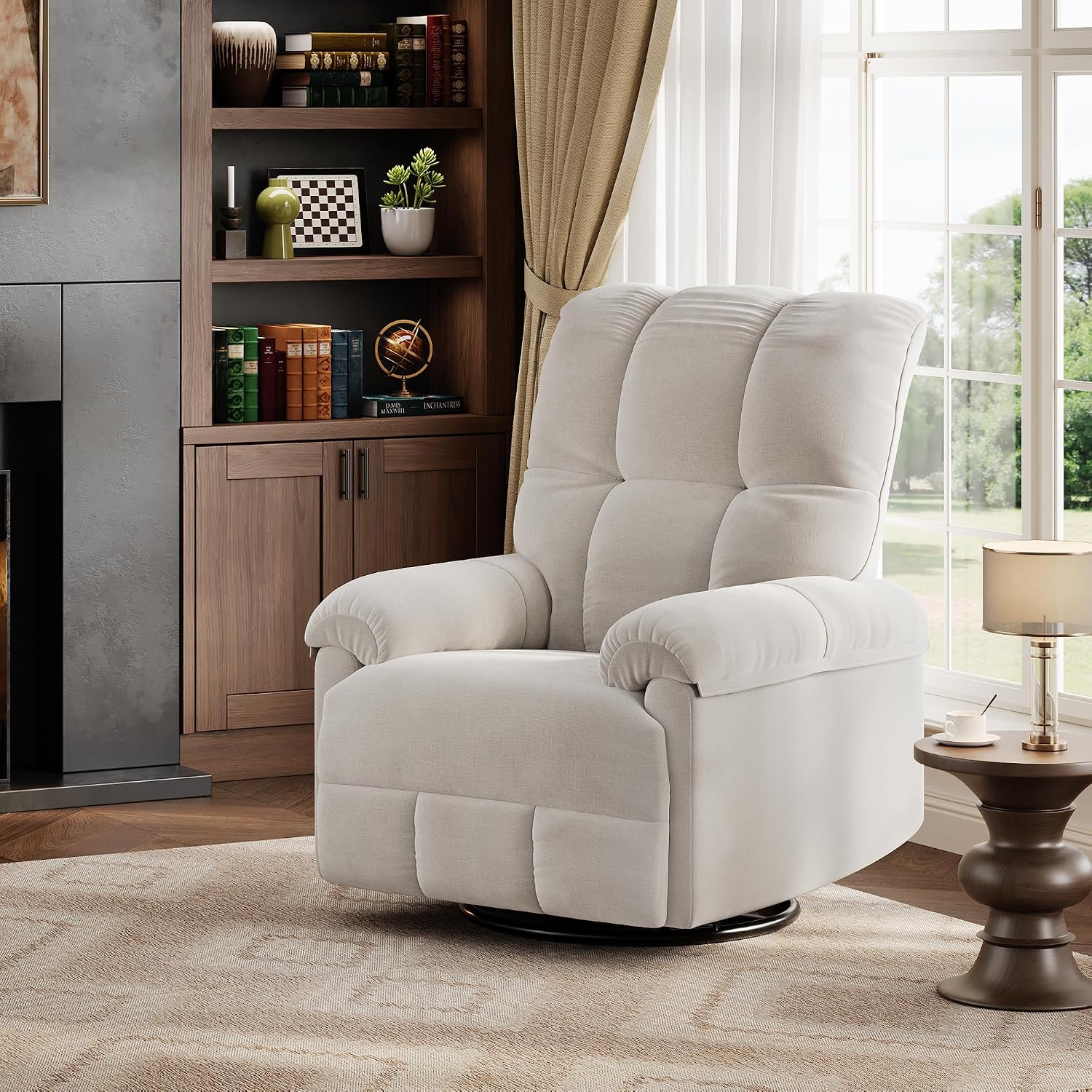 GarveeHome Recliner Chair, 360° Swivel Rocker Glider Nursery Chair with Padded Armrest and Deep Seat, Chenille Upholstered Reclining Sofa Chair for Living Room, Bedroom and Nursery(Cream)