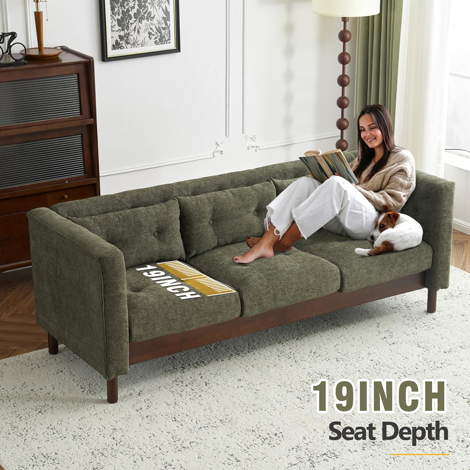 Christopher Knight Home Marloo 3 Seater Sofa Couch, Upholstered Couch, Linen-Like Tufted Back Sofa with Arm Rest, Rubberwood Legs, 78' Spacious Seating for Living Room Home Rest, Dark Green