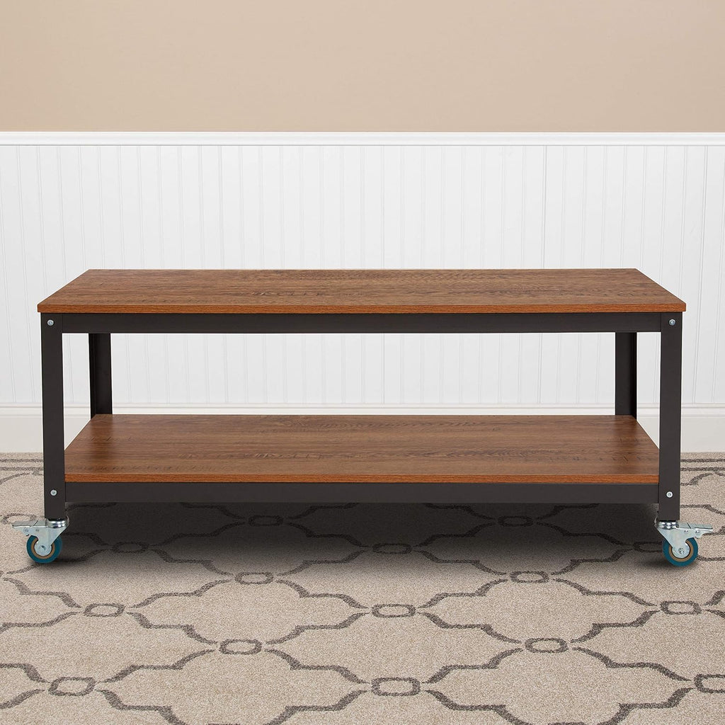 Flash Furniture Livingston Collection TV Stand in Brown Oak Wood Grain Finish with Metal Wheels