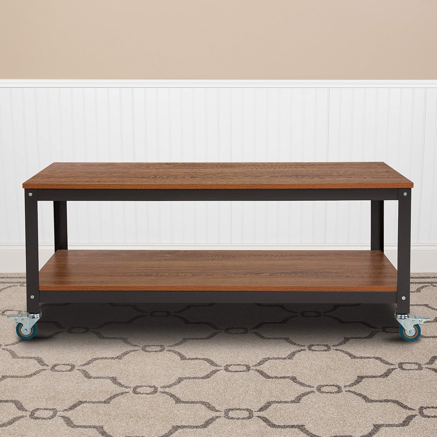 Flash Furniture Livingston Collection TV Stand in Brown Oak Wood Grain Finish with Metal Wheels