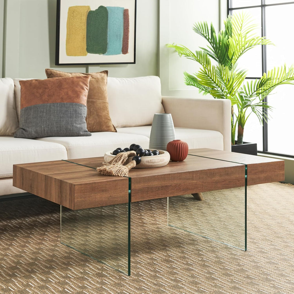 SAFAVIEH Home Collection Jacob Natural Brown Top/Clear Glass Legs Rectangle Coffee Table