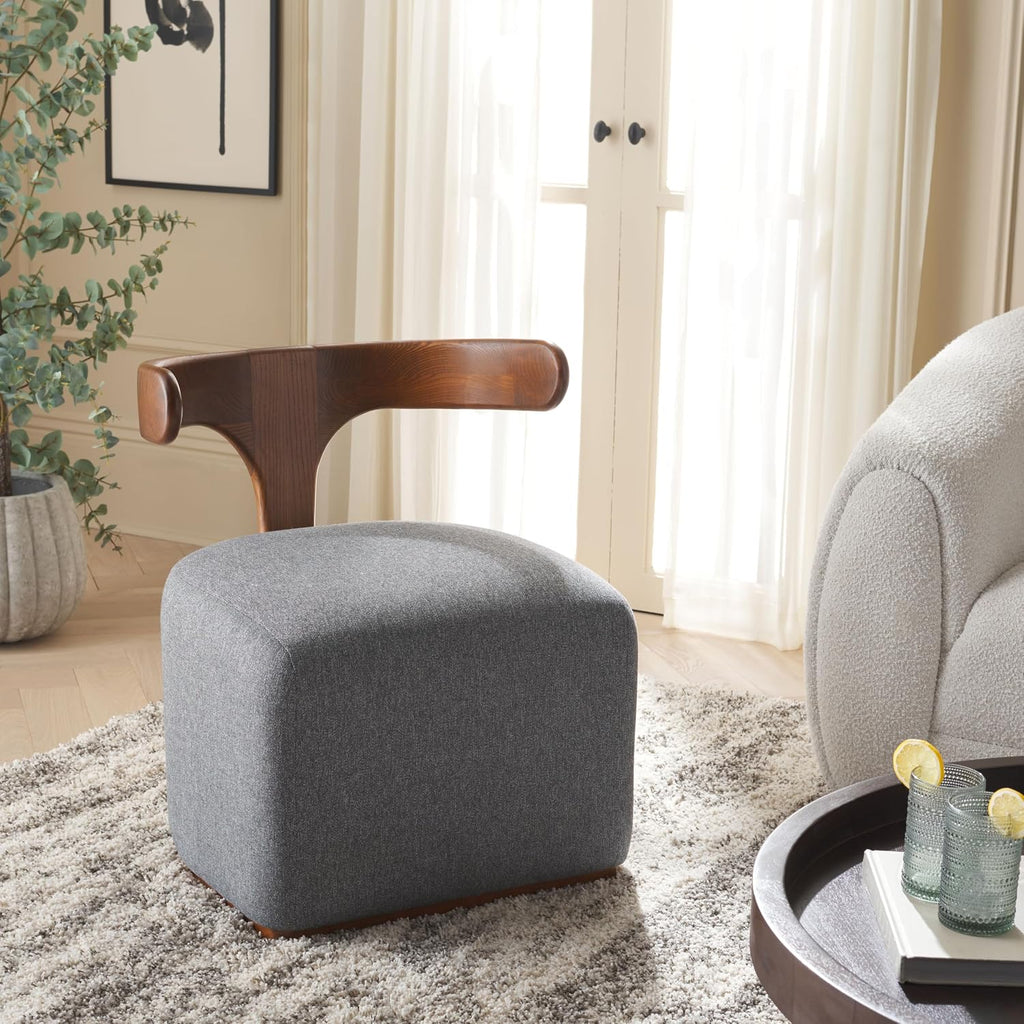 SAFAVIEH Home Collection Oreus Mid-Century Modern Grey Linen/Brown Walnut Solid Wood Accent Chair
