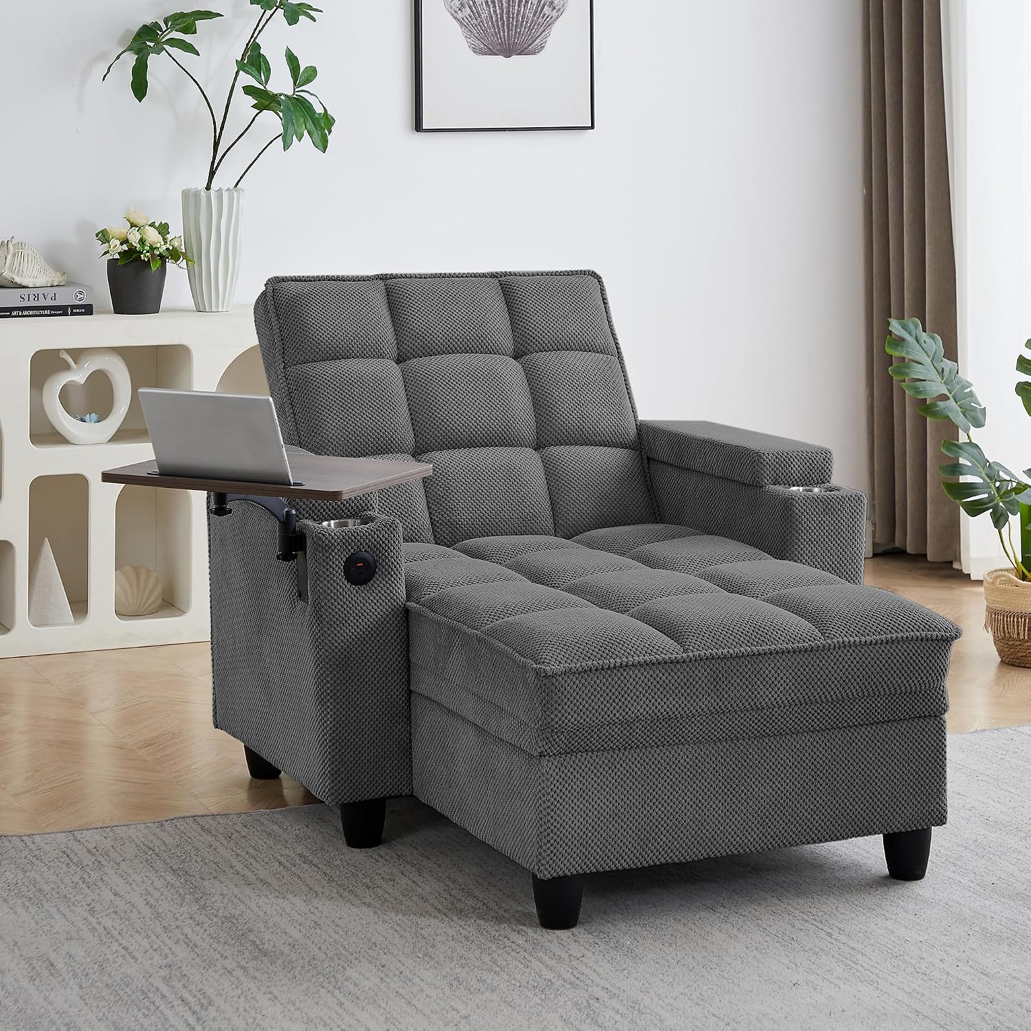 Eafurn Convertible Chaise Lounge Sleeper Chair with Storage and 6-Position Reclining Backrest,Modern Tufted Recliner Lounge Chaise Chair with Swivel Tray Table & USB Port for Living Room