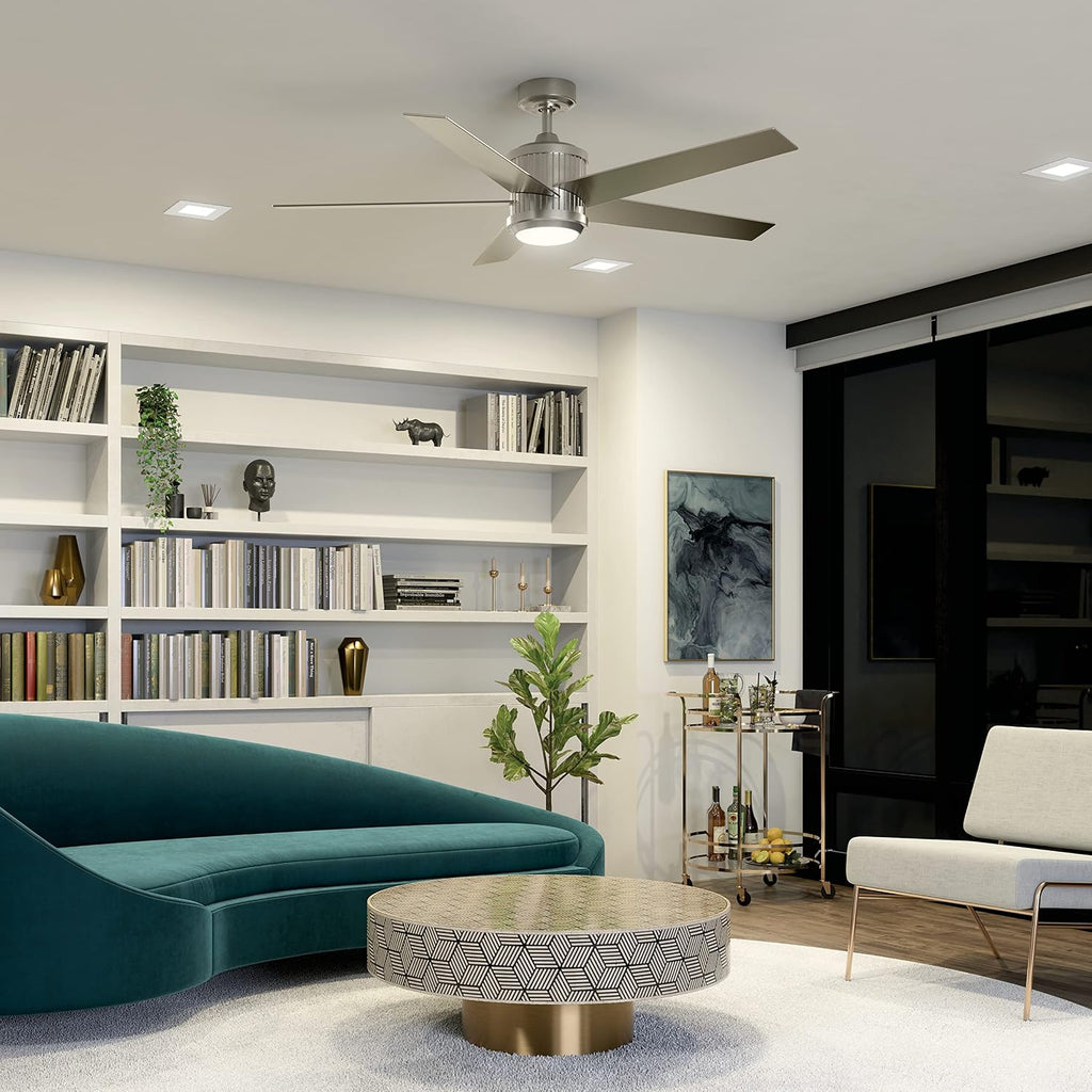 Kichler Brahm 56 in LED Ceiling Fan with Light, 5 Blade Modern Indoor Fan with Etched Cased Opal Glass in Brushed Stainless Steel, Reversible Silver and Walnut Blades, 300044BSS