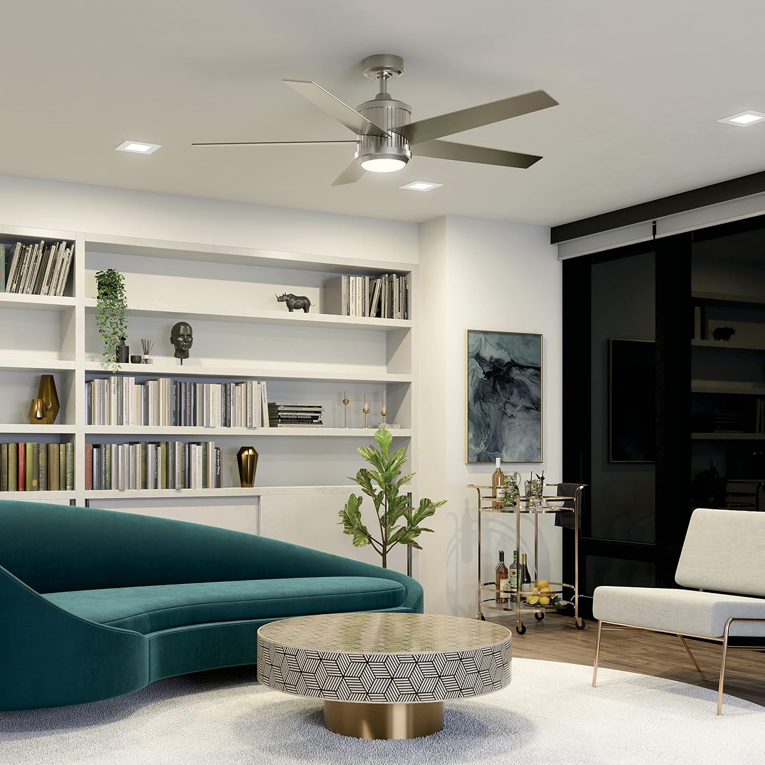 Kichler Brahm 56 in LED Ceiling Fan with Light, 5 Blade Modern Indoor Fan with Etched Cased Opal Glass in Brushed Stainless Steel, Reversible Silver and Walnut Blades, 300044BSS