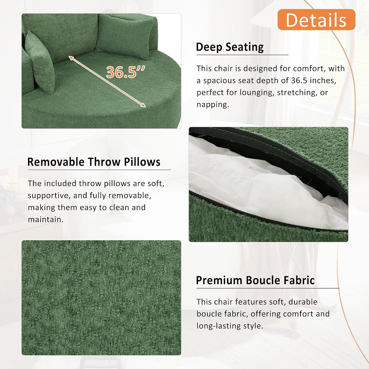 Merax 360° Swivel Chair, Chenille Fabric Accent Barrel Chair, Swivel Round Sofa Chair with 3 Removable Pillows for Living Room, Bedroom, Office and Hotel, Green