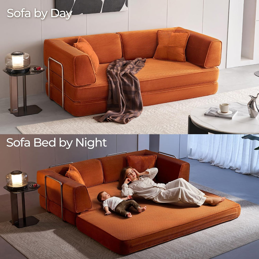LINSY HOME Sofa Bed Couch - Convertible Boneless Couch Bed with 2 Pillow (Orange) | Folding Sofa Bed