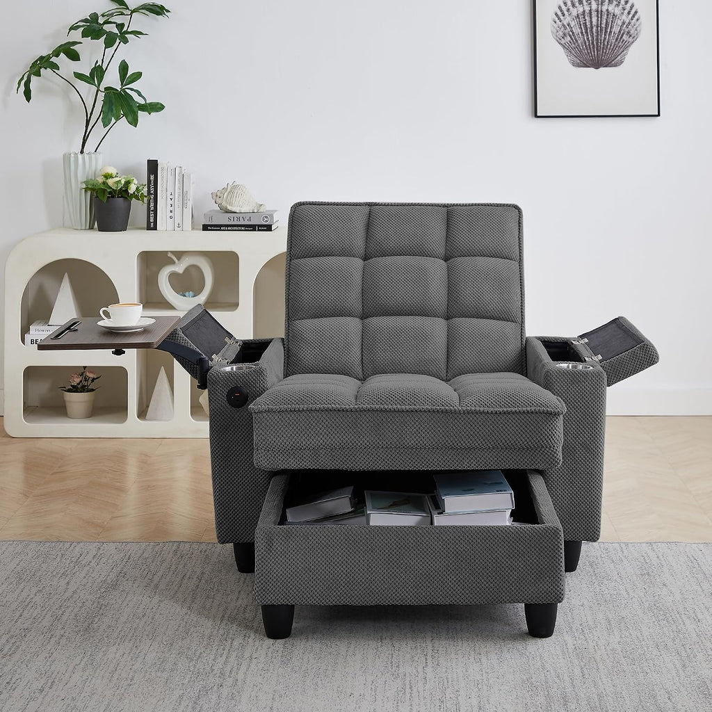 Eafurn Convertible Chaise Lounge Sleeper Chair with Storage and 6-Position Reclining Backrest,Modern Tufted Recliner Lounge Chaise Chair with Swivel Tray Table & USB Port for Living Room
