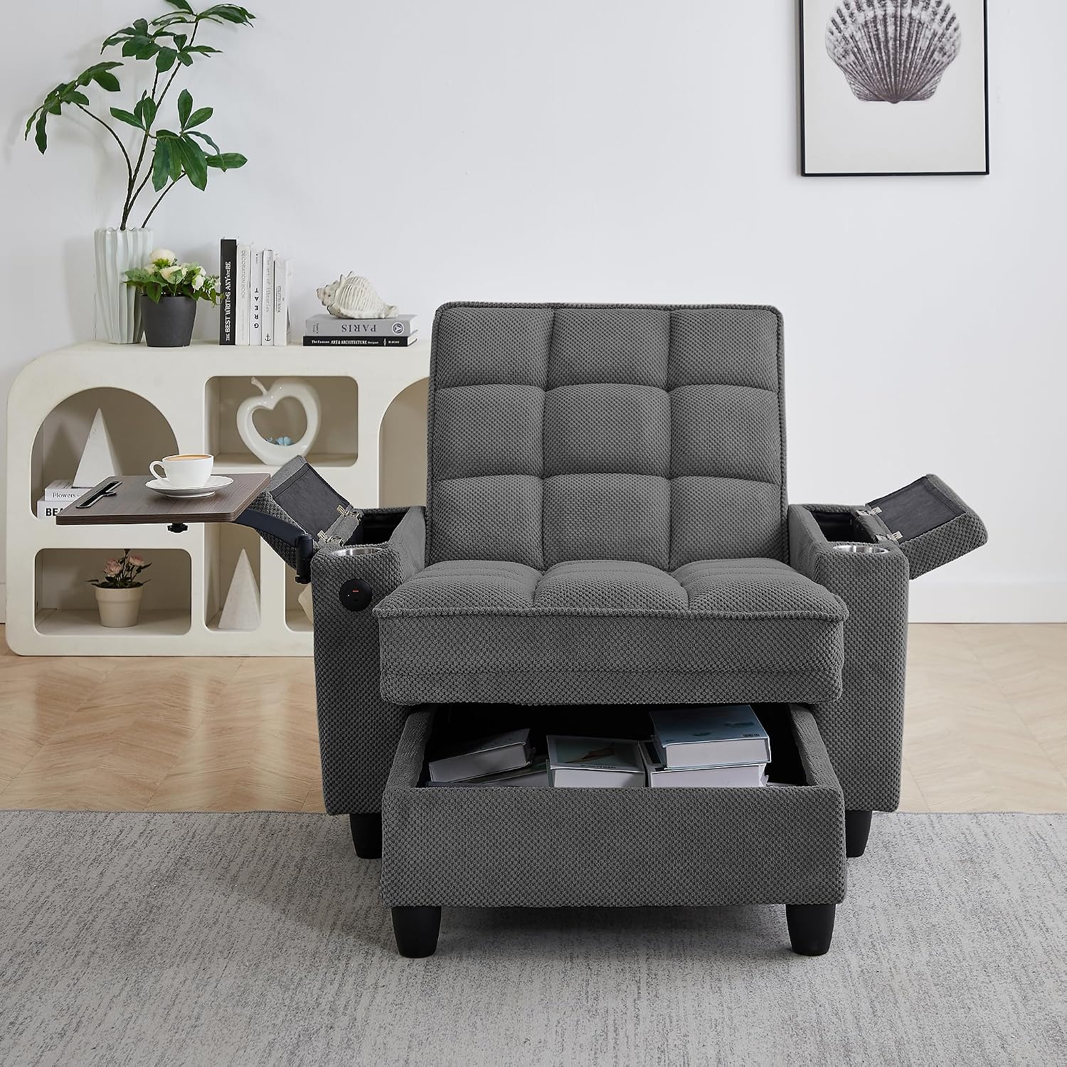 Eafurn Convertible Chaise Lounge Sleeper Chair with Storage and 6-Position Reclining Backrest,Modern Tufted Recliner Lounge Chaise Chair with Swivel Tray Table & USB Port for Living Room