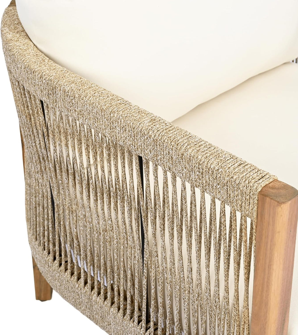 Christopher Knight Home Havets 77'W Outdoor 3 Seater Sofa, 6' Thick Cushion Couch, Acacia Wood Bench Sofa, Comfy Woven Rope Armchair, Spacious Seating Bench Couch for Backyard Garden Porch, Teak+Beige
