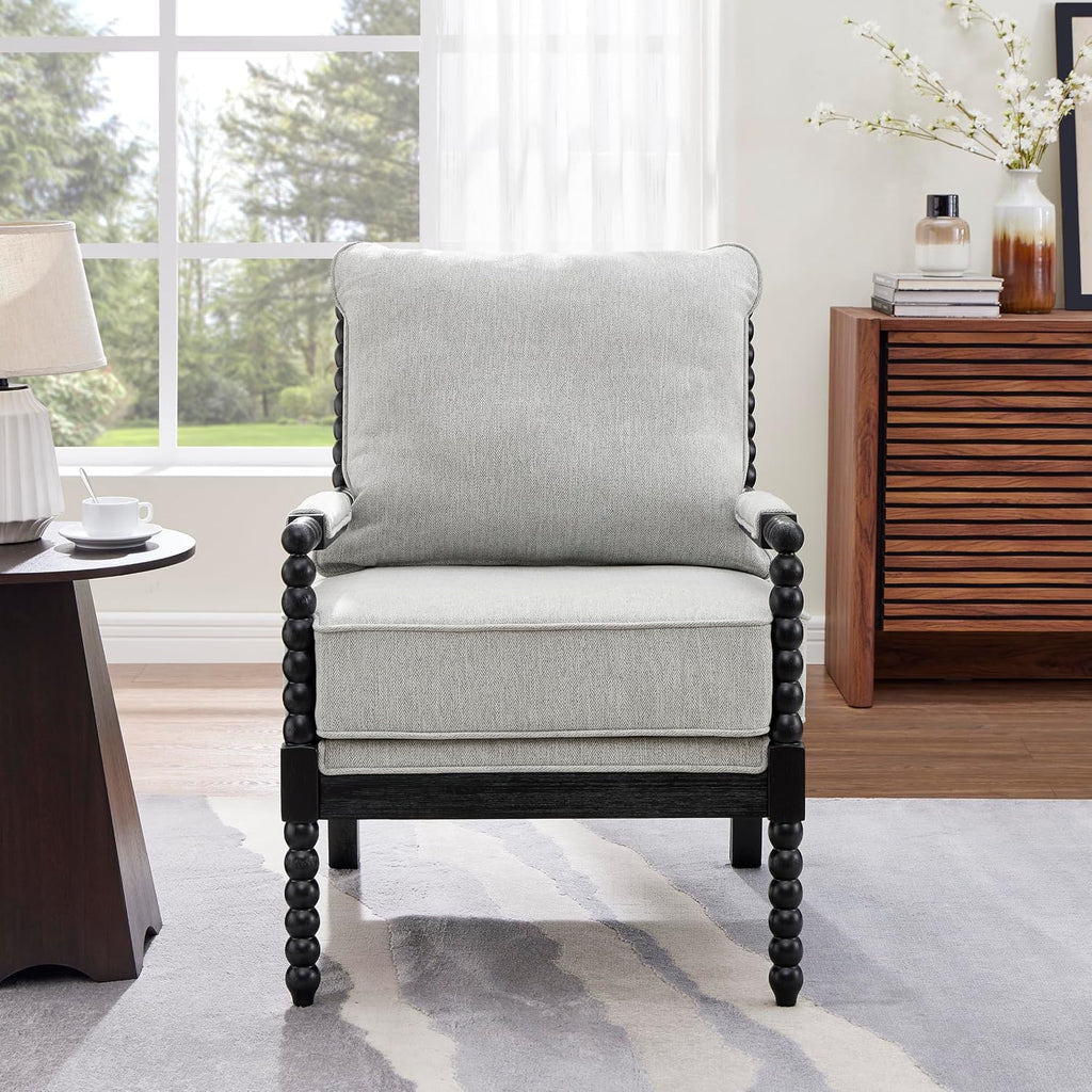 Roundhill Furniture Belvoir Upholstered Spool Accent Chair with Turned Wood Frame, Gray with Black Finish