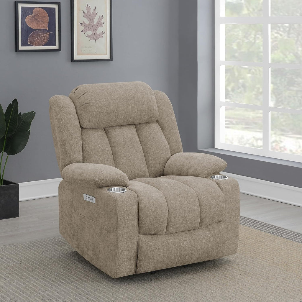 Coaster Home Furnishings - Houston - Fabric Upholstered Power Lift Recliner Chair with Power Panel with USB Port, Cup Holders and Pillowtop Arms - Living Room - Camel - 602274P