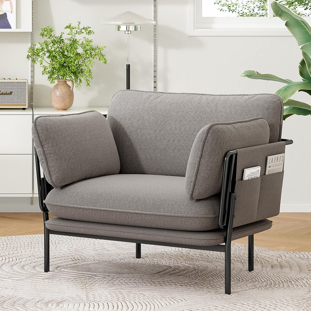 Modern Accent Chairs Set of 2, Oversized Living Room Chairs, Reading Chair with Solid Metal Legs, Fabric Armchair with Side Pockets and 2 Pillows, Accent Chairs for Bedroom, Nursery, Khaki