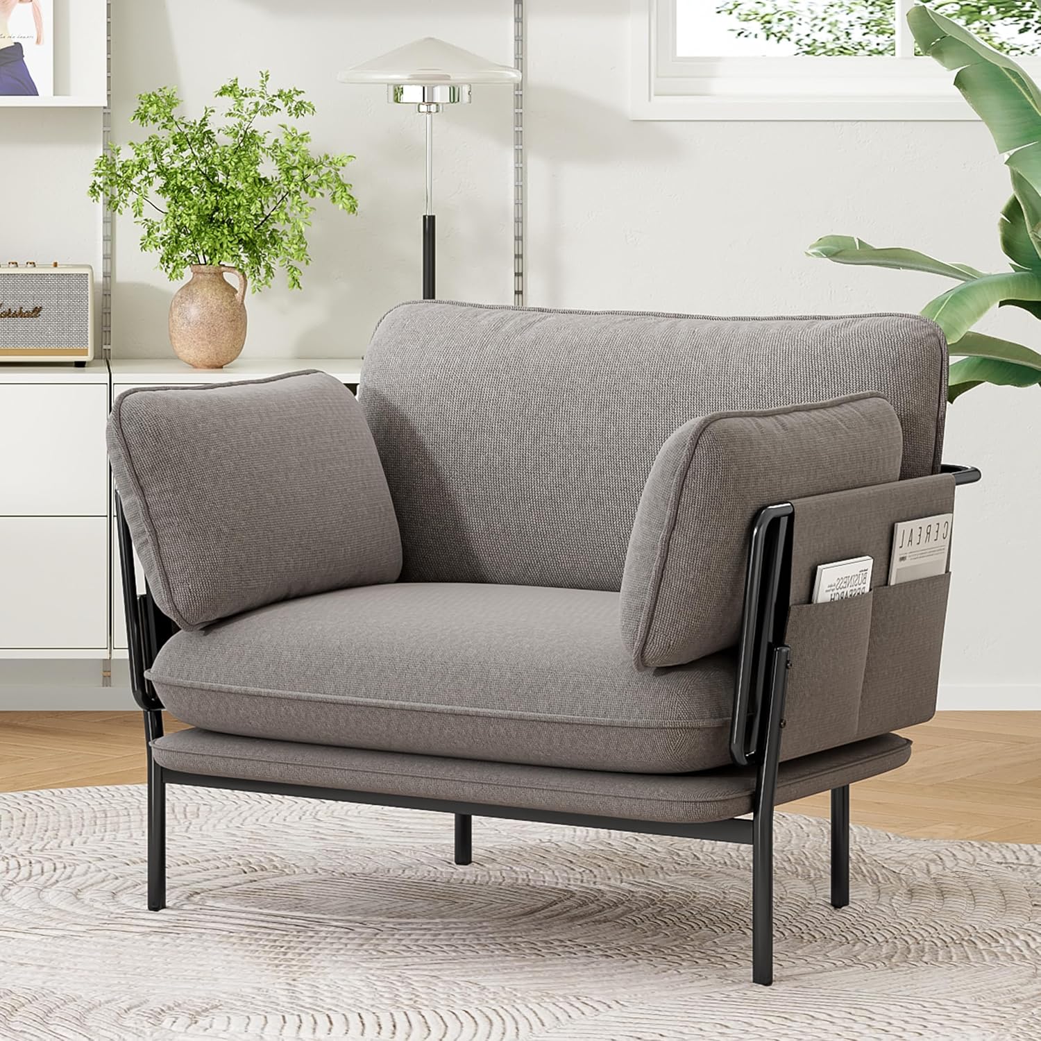 Modern Accent Chairs Set of 2, Oversized Living Room Chairs, Reading Chair with Solid Metal Legs, Fabric Armchair with Side Pockets and 2 Pillows, Accent Chairs for Bedroom, Nursery, Khaki