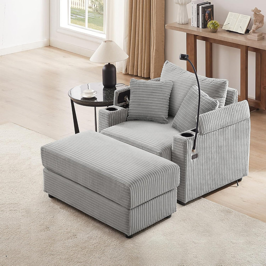Merax Modern 41.7' Chaise Lounge with Pillows, Charge Station & Cup Holders,Upholstered Sofa Recliner Chair with Ottoman for Living Room Bedroom Gray
