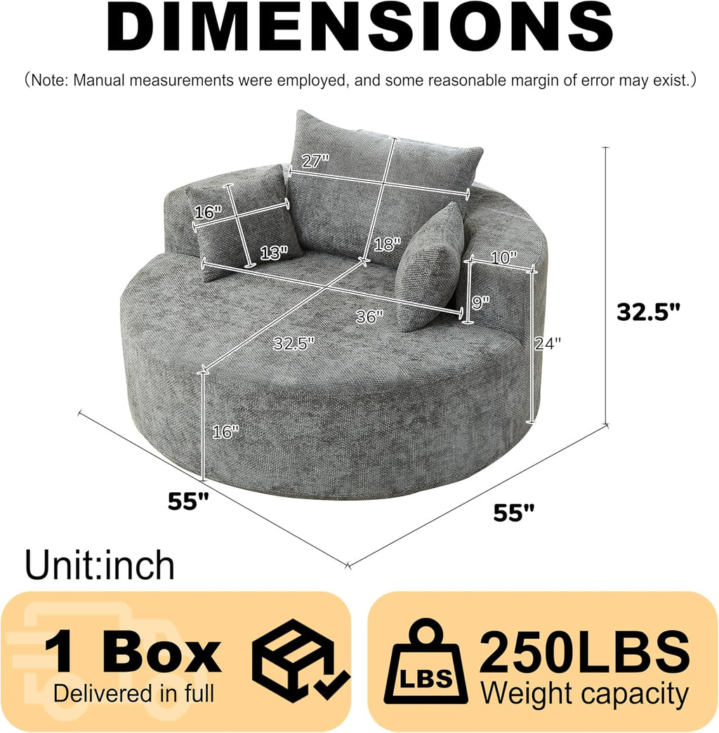 KEIKI 55' Oversized Swivel Accent Chair, Chenille Barrel Chairs Upholstered Round Swivel Chair, Single Sofa Armchair, Sleeper Chair for Living Room, Lounge, Grey