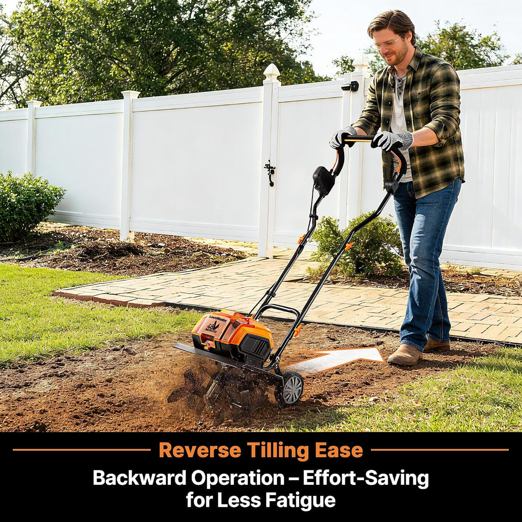 LawnMaster Brushless 48V MAX Cordless Tiller Cultivator with 2X MAX 24V 4.0ah Battery& 1x MX24V Dual Port Charger, 4X Blade, 14.5In Width & 9In Depth-CLTE4814