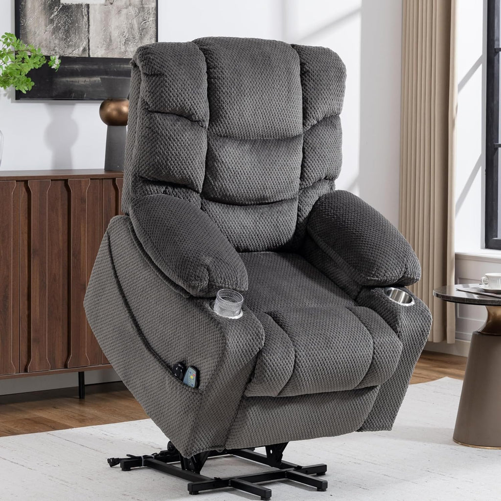 Power Lift Recliner Chair for Elderly, Overstuffed Back Lift Chair with Massage/Heat, Power Recliner Lay Flat 160° Cup Holders for Living Room（Grey）