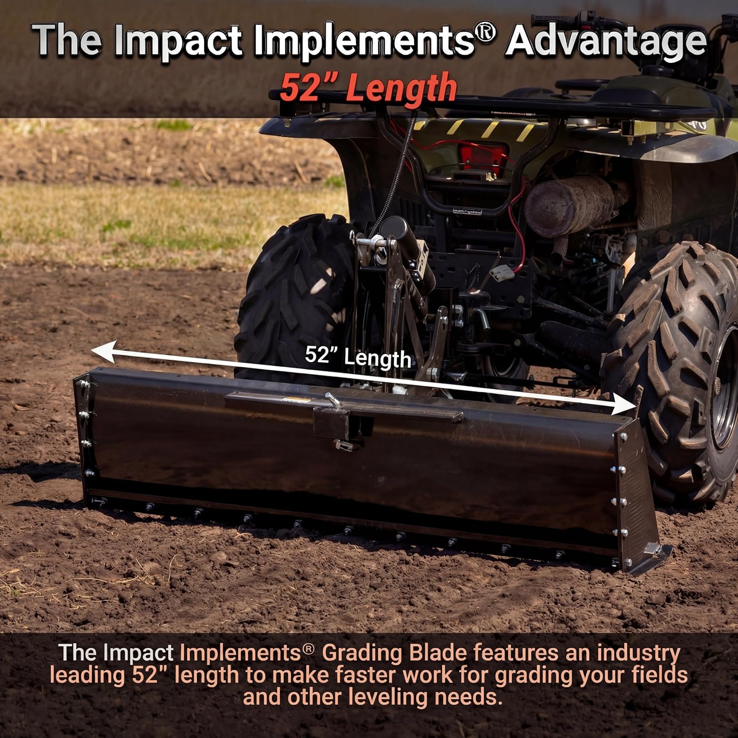 IMPACT IMPLEMENTS® 52' Grading Scraper Blade with Box Ends for ATV, UTV, & Lawn/Garden Tractors. Grade and Level Dirt for Preparing Seed Beds.