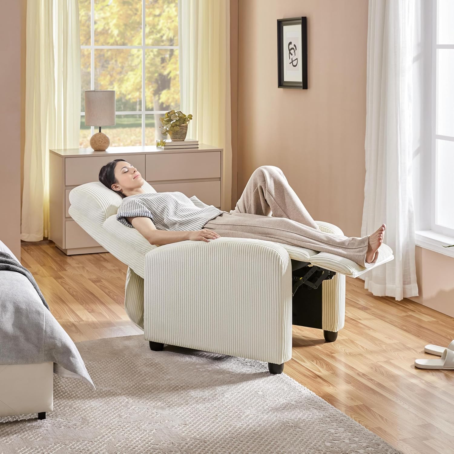 Topeakmart Corduroy Recliner Sofa Mid-Century Recliner Chair Single Reclining Chair Upholstered Sofa for Living Room Bedroom Home Theater Beige