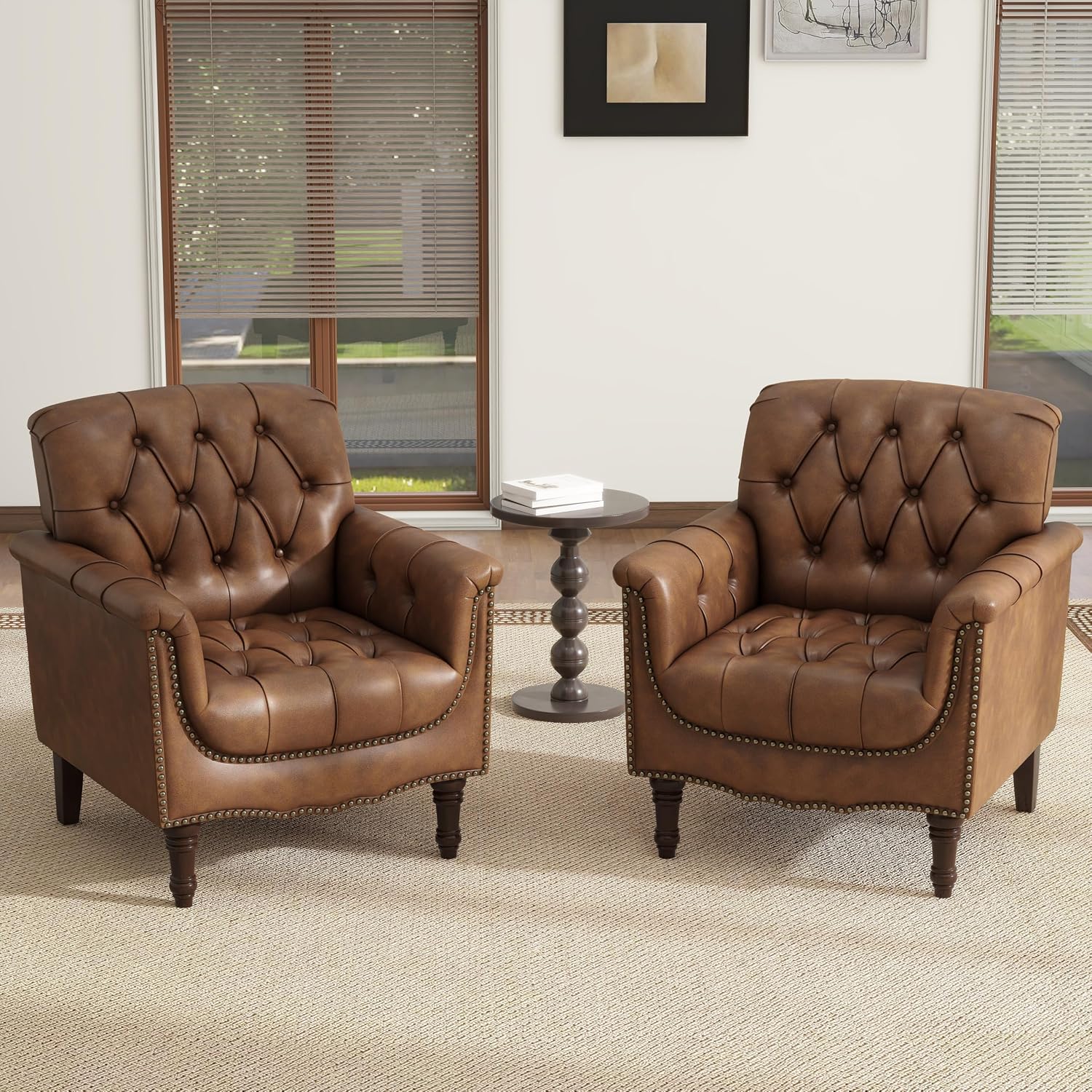 Lumibee Faux Leather Armchairs, Contemporary Accent Chairs Set of 2 with Nailhead Trims & Wood Legs for Living Room, Upholstered Comfy Arm Chairs for Office,Bedroom-Brown