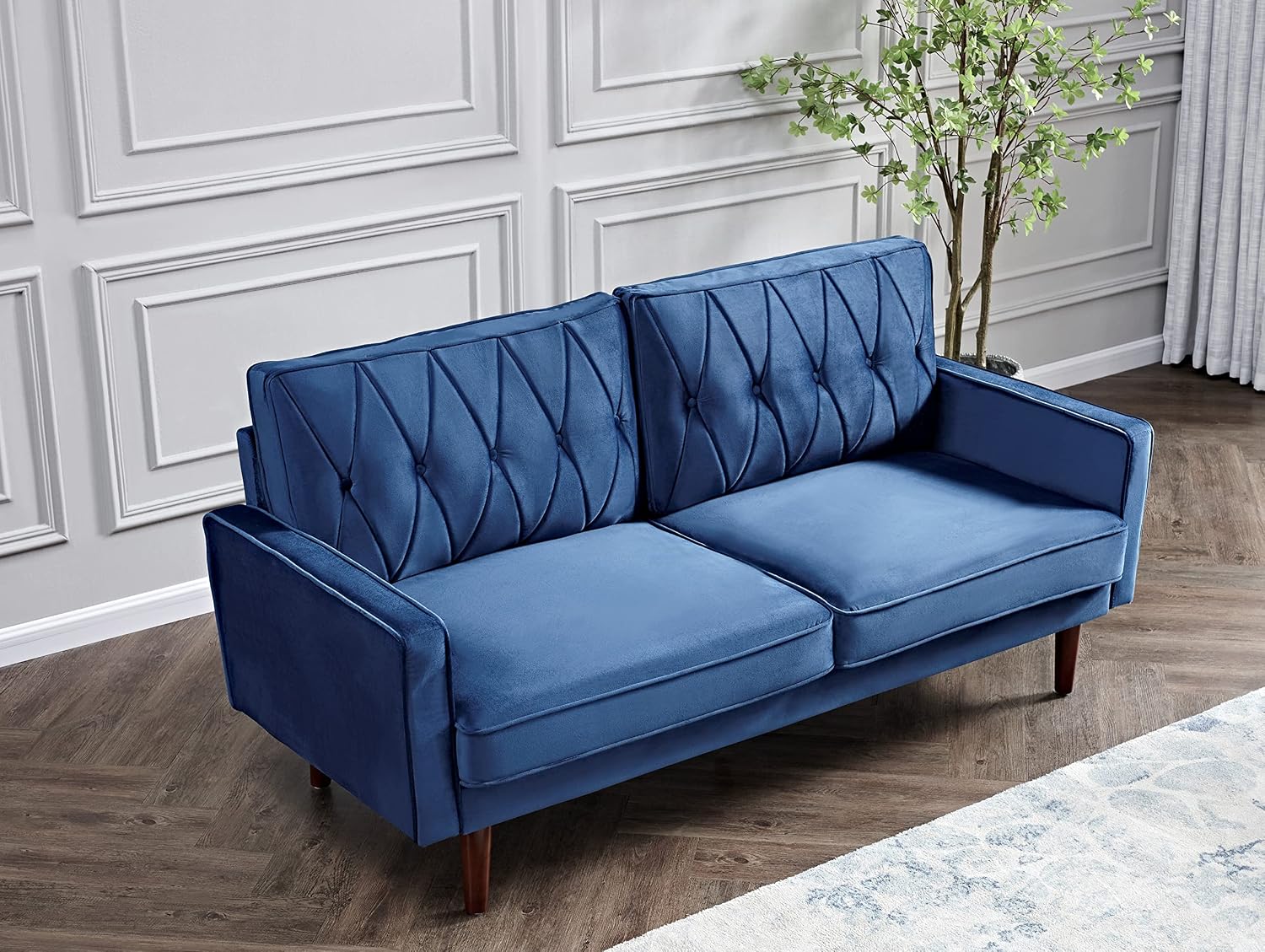 Container Furniture Modern Style Tufted Velvet Couches for Living Room with Soft Fabric Upholstery and Solid Wood Frame, 2 Piece Sofa and Loveseat Set, Dark Blue