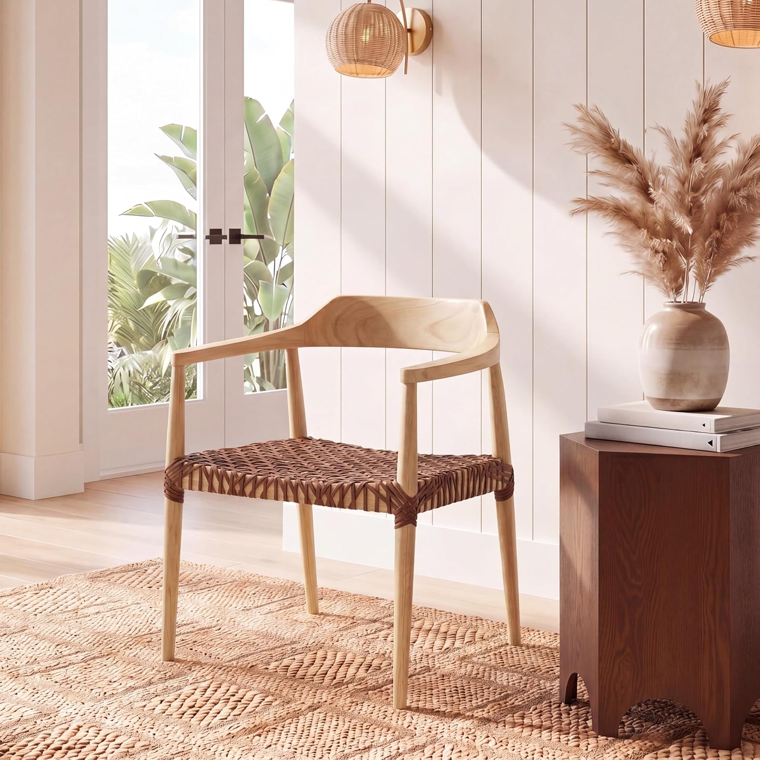 SAFAVIEH Home Collection Munro Natural Sungkai Wood/Light Honey Leather Woven Accent Chair (Fully Assembled)