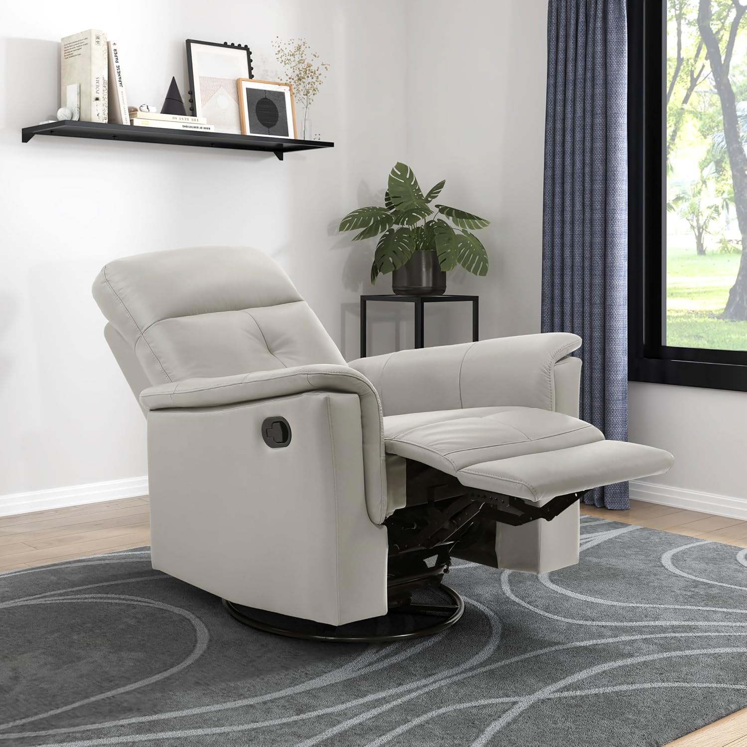 Lexicon Swivel Glider Recliner Chair, Comfy Nursery Glider, Top Grain Leather Match Recliner, Manual Reclining Chair for Living Room/Office/Apartment, Silver