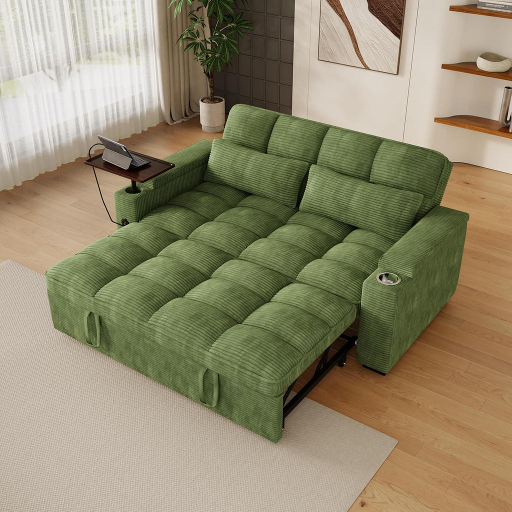 KEIKI 65' 3-in-1 Convertible Sofa Bed, Pull-Out Sleeper Couch with Adjustable Backrest, Corduroy Futon Loveseat with USB Charging Ports & Storage Arms for Guest Rooms, Studios & Small Space Living