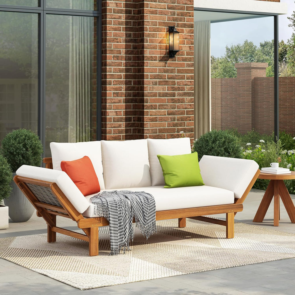 Christopher Knight Home Guru Patio Convertible Couch with Adjustable Armrest, Acacia Wood Outdoor Daybed, PE Wicker Patio 3 Seater Sofa, Back Pillow+Removable Cushion, Teak+Cream
