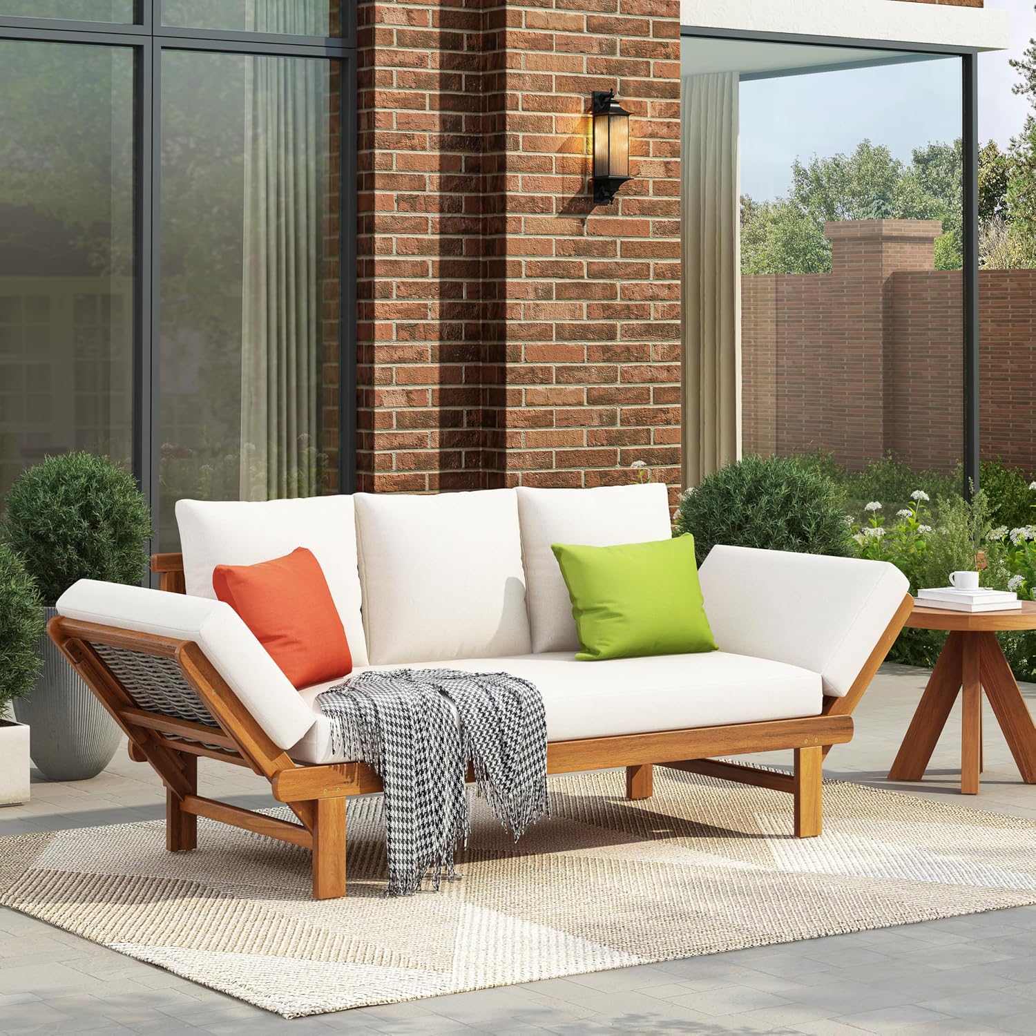 Christopher Knight Home Guru Patio Convertible Couch with Adjustable Armrest, Acacia Wood Outdoor Daybed, PE Wicker Patio 3 Seater Sofa, Back Pillow+Removable Cushion, Teak+Cream
