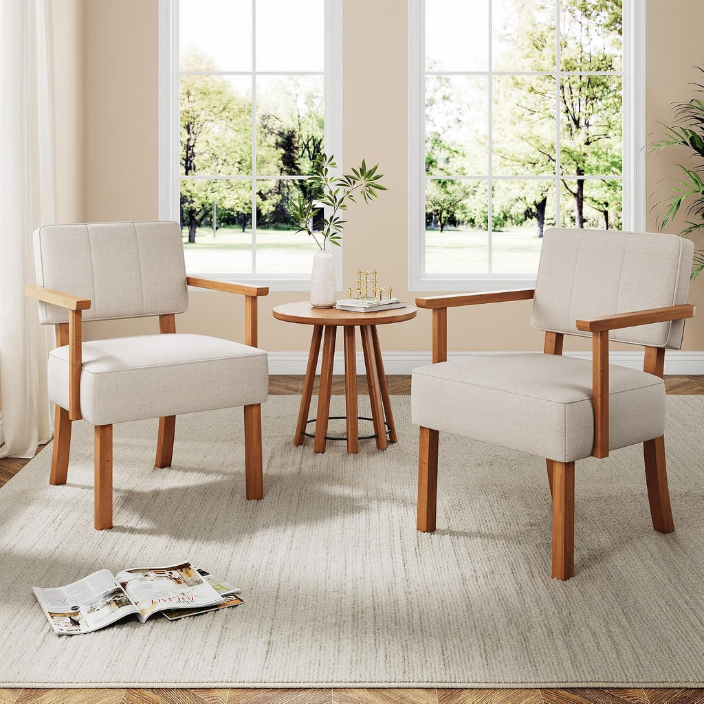 Garvee Mid-Century Accent Chair Set of 2 with Wood Frame, Linen Fabric Upholstered Lounge Arm Chair with Classic Vertical Stripe Reading Leisure Chair for Living Room, Bedroom, Balcony, Beige