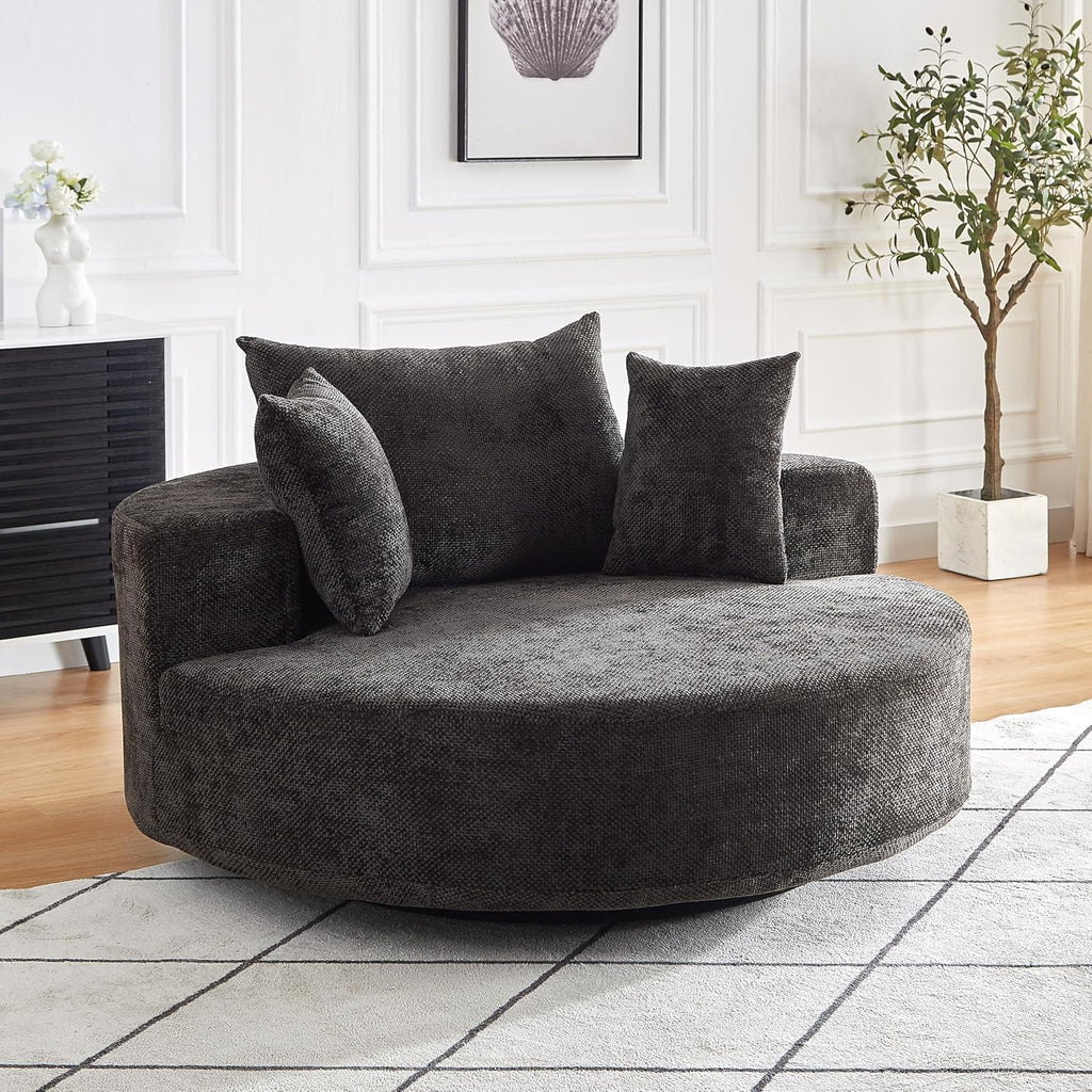 KEIKI 55' Oversized Swivel Accent Chair, Chenille Large Barrel Chairs, Upholstered Round Swivel Chair Single Sofa Armchair, Sleeper Chair for Living Room, Lounge, Black