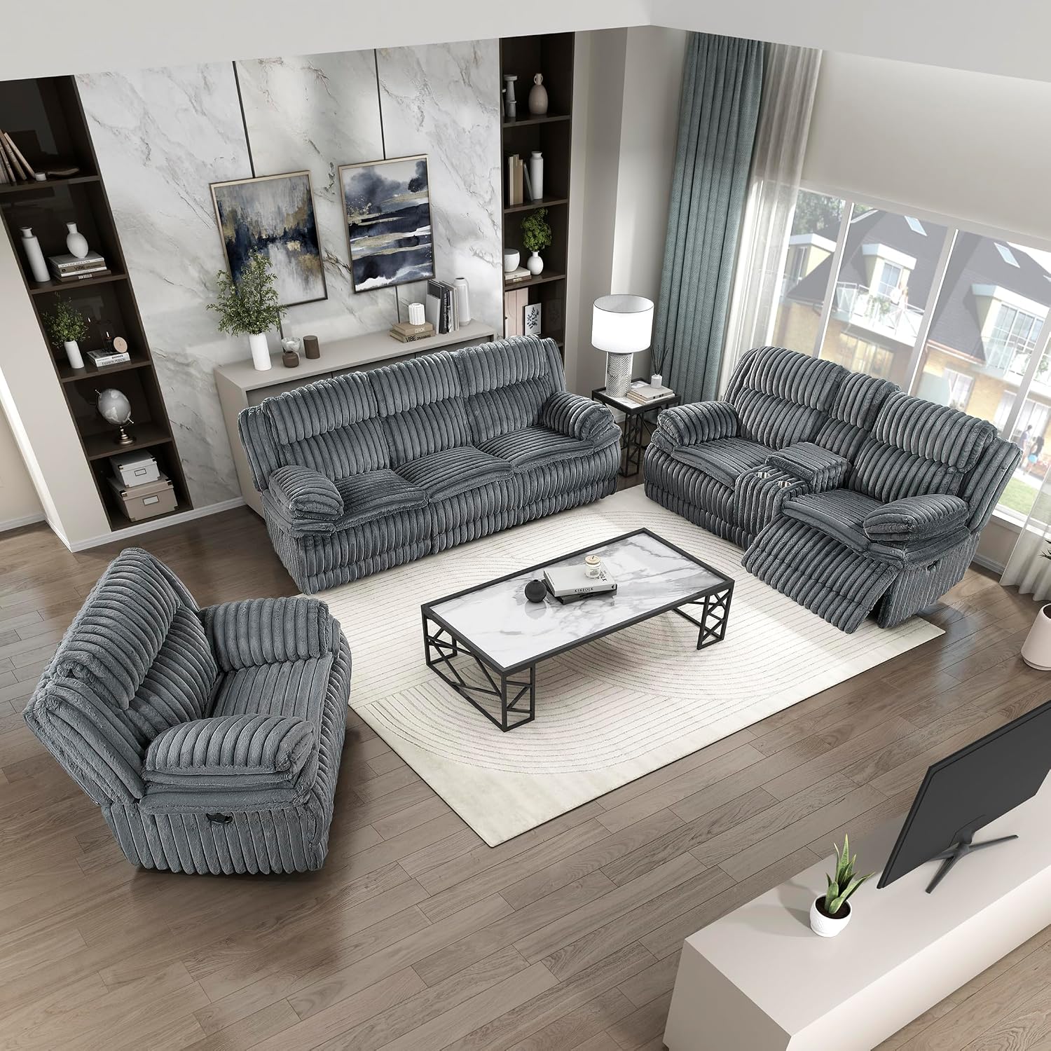 Lexicon Modern Recliner Sofa Set, Corduroy Upholstered Living Room Furniture, 3-Piece Set, Dark Gray