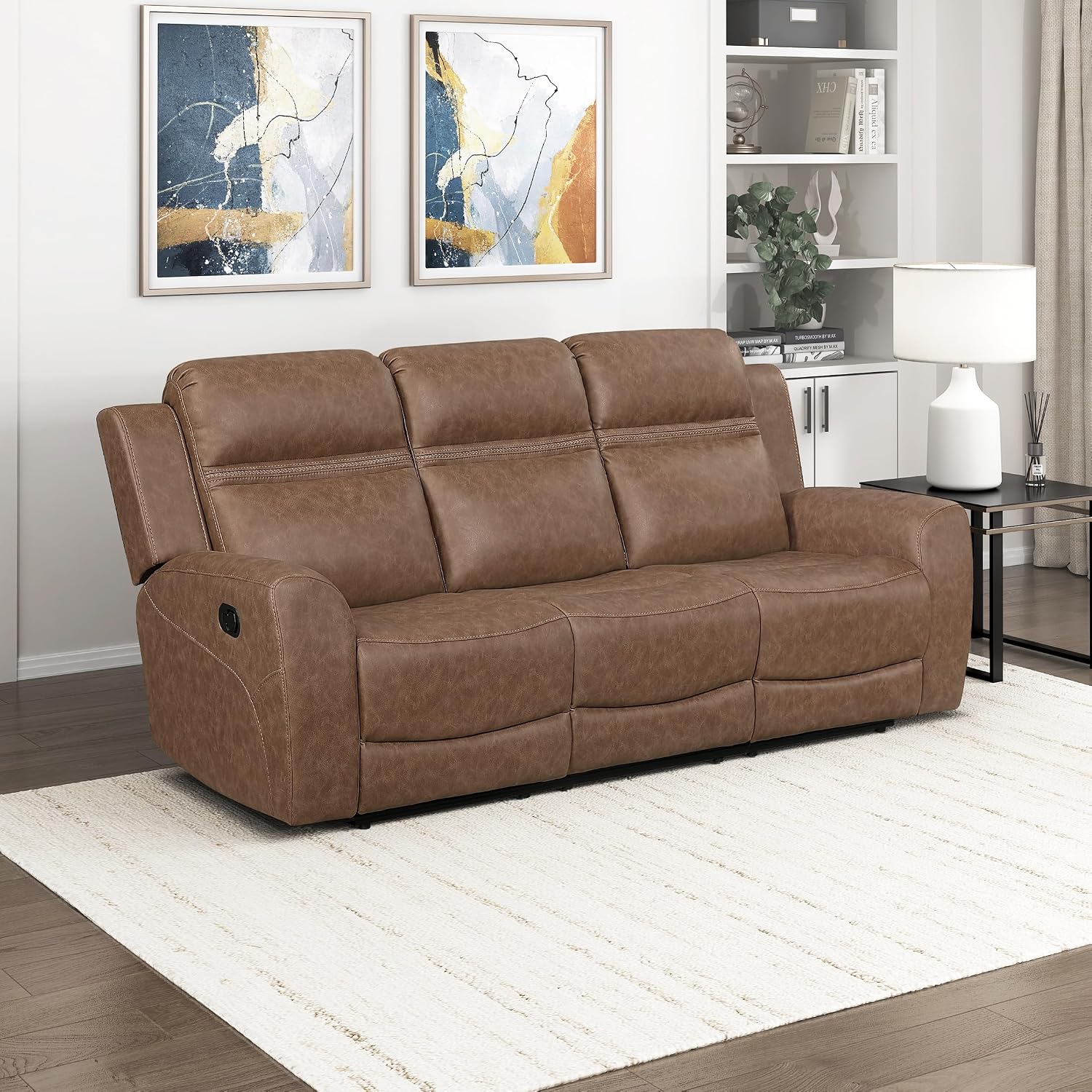 Lexicon 85' W Manual Double Reclining Sofa - Polished Microfiber Wall Hugger Manual 3 Seater Recliner Couch, Comfort Armrests, for Living Room, Home Theater, Easy Assembly, Brown