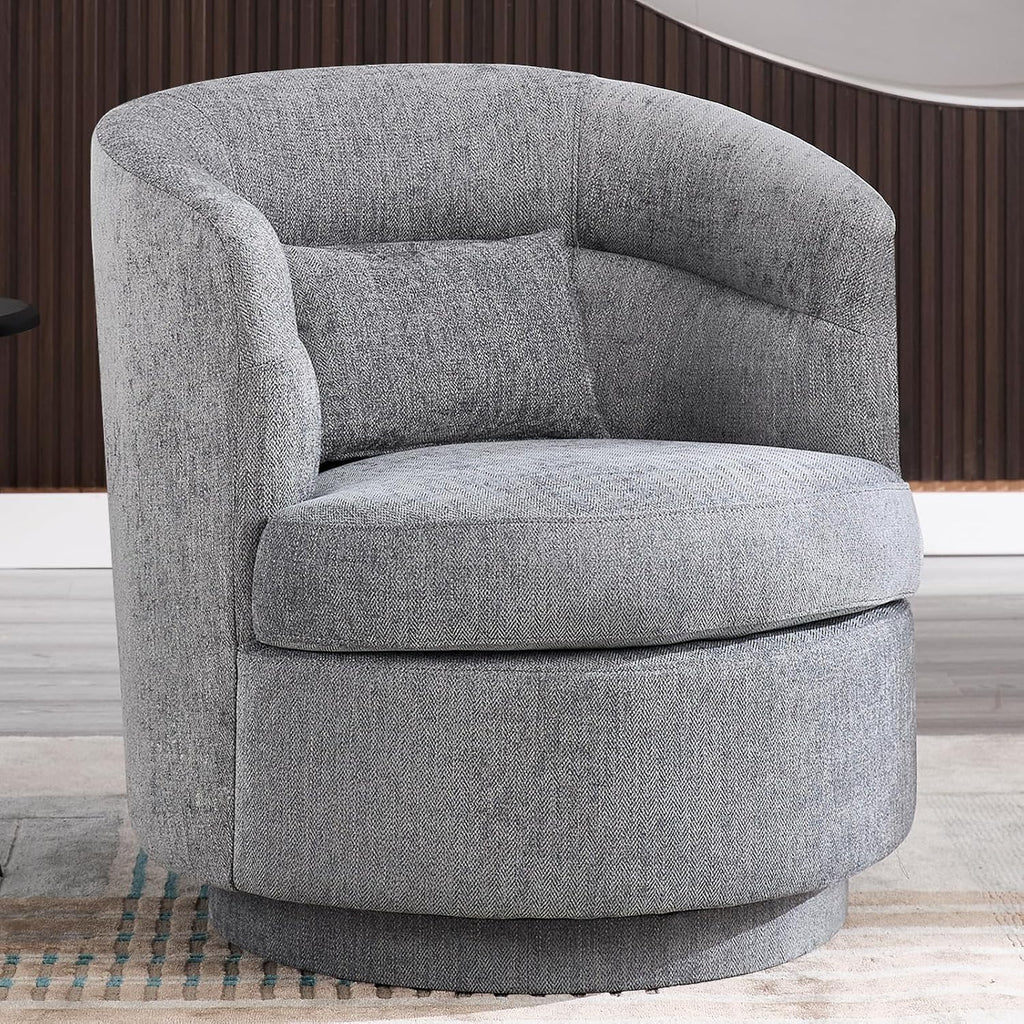 CANMOV Swivel Accent Chair, 360 Degree Round Swivel Barrel Chair with Pillow, Upholstered Comfy Barrel Armchair Single Club Sofa Chair for Living Room,Bedroom, Reading Room, Dark Grey