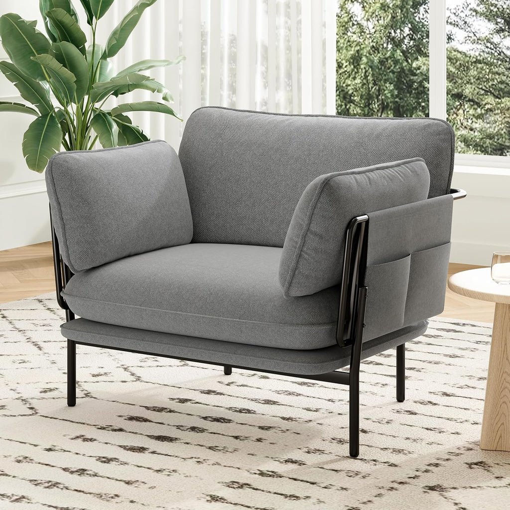 Modern Accent Chairs Set of 2, Oversized Living Room Chairs, Reading Chair with Solid Metal Legs, Fabric Armchair with Side Pockets and 2 Pillows, Accent Chairs for Bedroom, Nursery, Blue Gray
