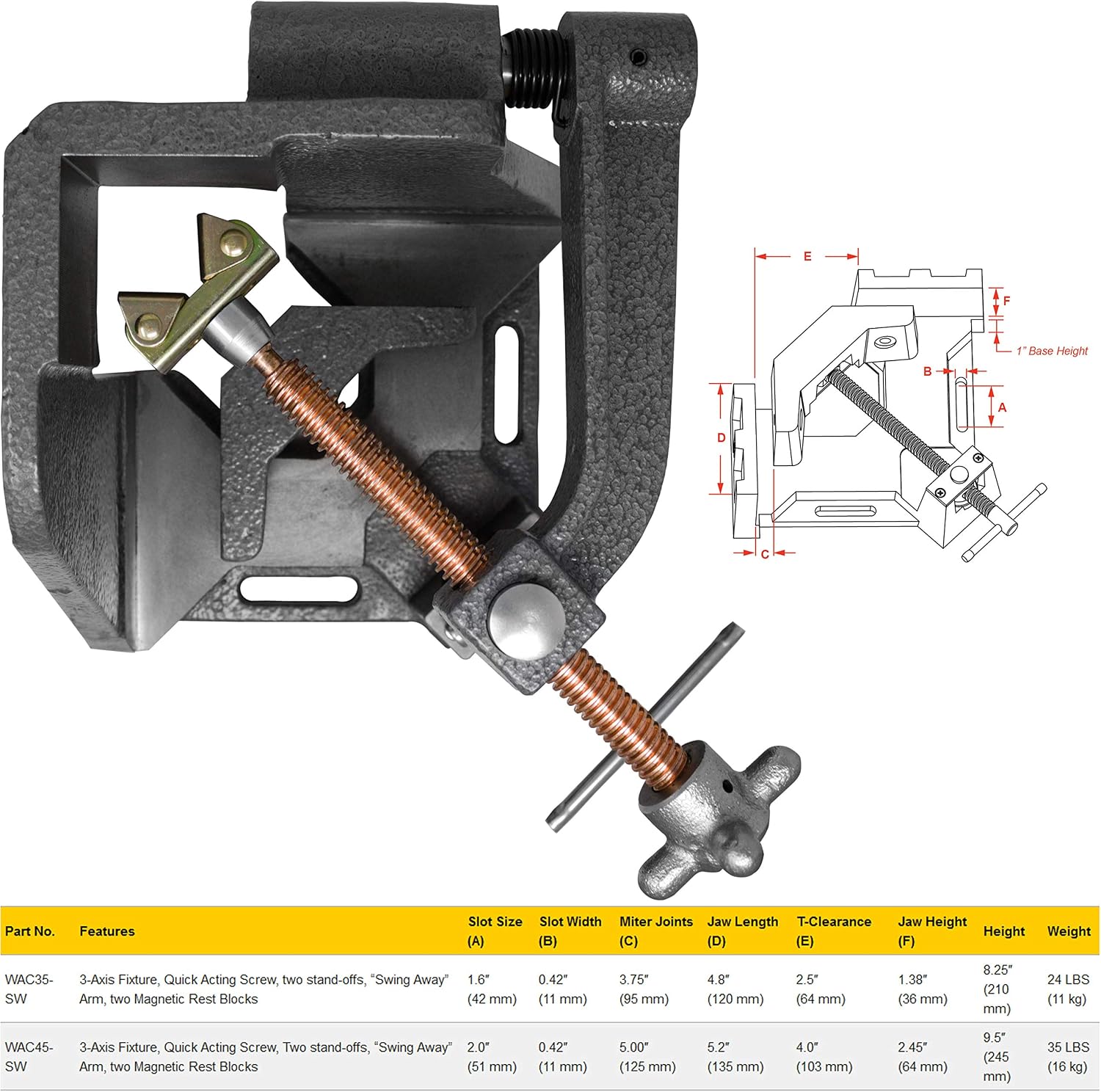 Strong Hand Tools 3-Axis Fixture Vise with Quick Acting Screw, Two Stand-Offs,'Swing Away' Arm with 4.75-Inch Miter Joint, 3.92-Inch T-Clearance, WAC45-SW