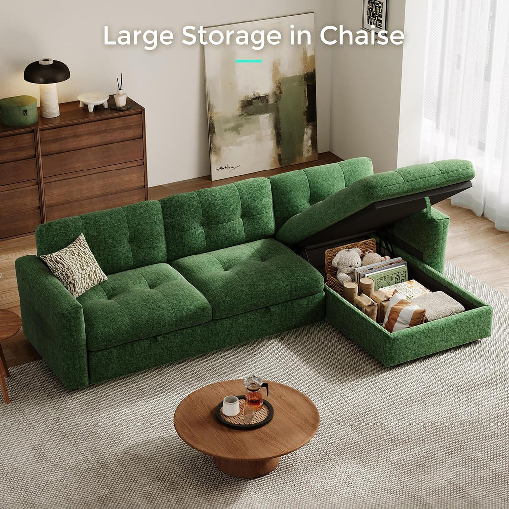 LINSY HOME Oversized Sleeper Sofa with Pullout Bed, Sectional Couch with Storage Chaise, Green Corduroy L-Shaped Convertible Couch, 118x34.5x34.5 Inches