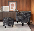 BELLEZE Accent Chair with Ottoman Set, Modern Upholstered Curved Back Barrel Armchair, Round Tub Reading Seating and Footrest for Living Room Bedroom - Black French Pattern/Linen