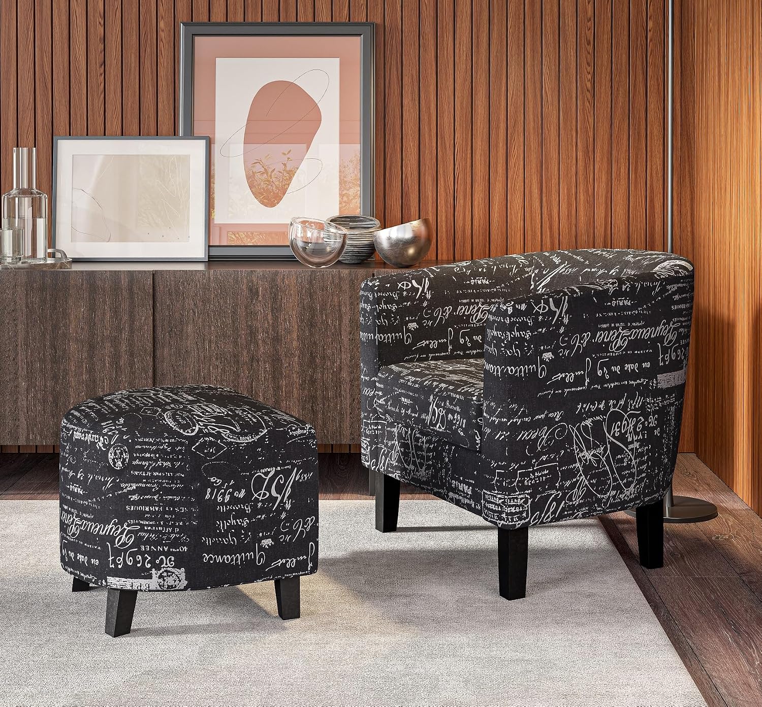 BELLEZE Accent Chair with Ottoman Set, Modern Upholstered Curved Back Barrel Armchair, Round Tub Reading Seating and Footrest for Living Room Bedroom - Black French Pattern/Linen