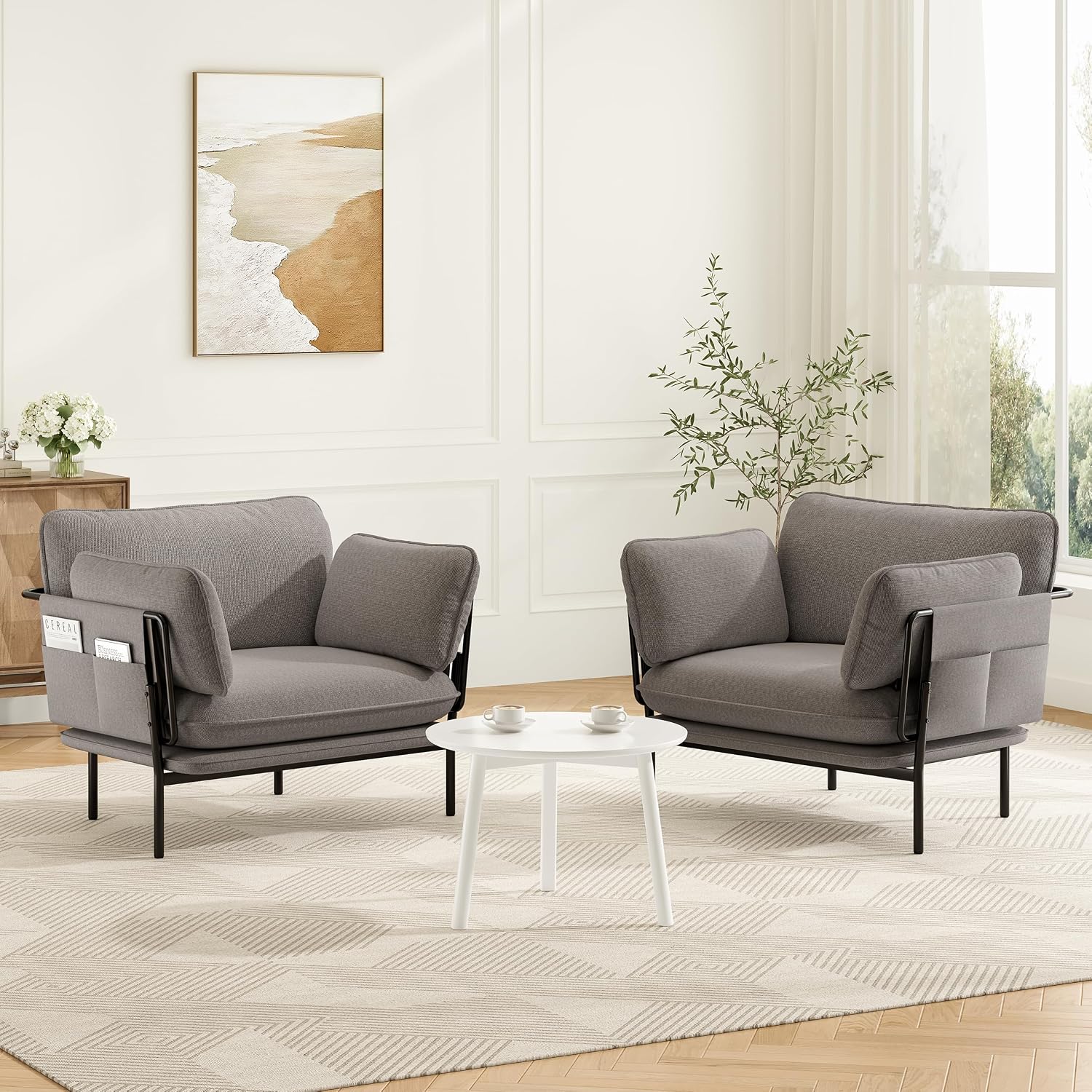 Modern Accent Chairs Set of 2, Oversized Living Room Chairs, Reading Chair with Solid Metal Legs, Fabric Armchair with Side Pockets and 2 Pillows, Accent Chairs for Bedroom, Nursery, Khaki