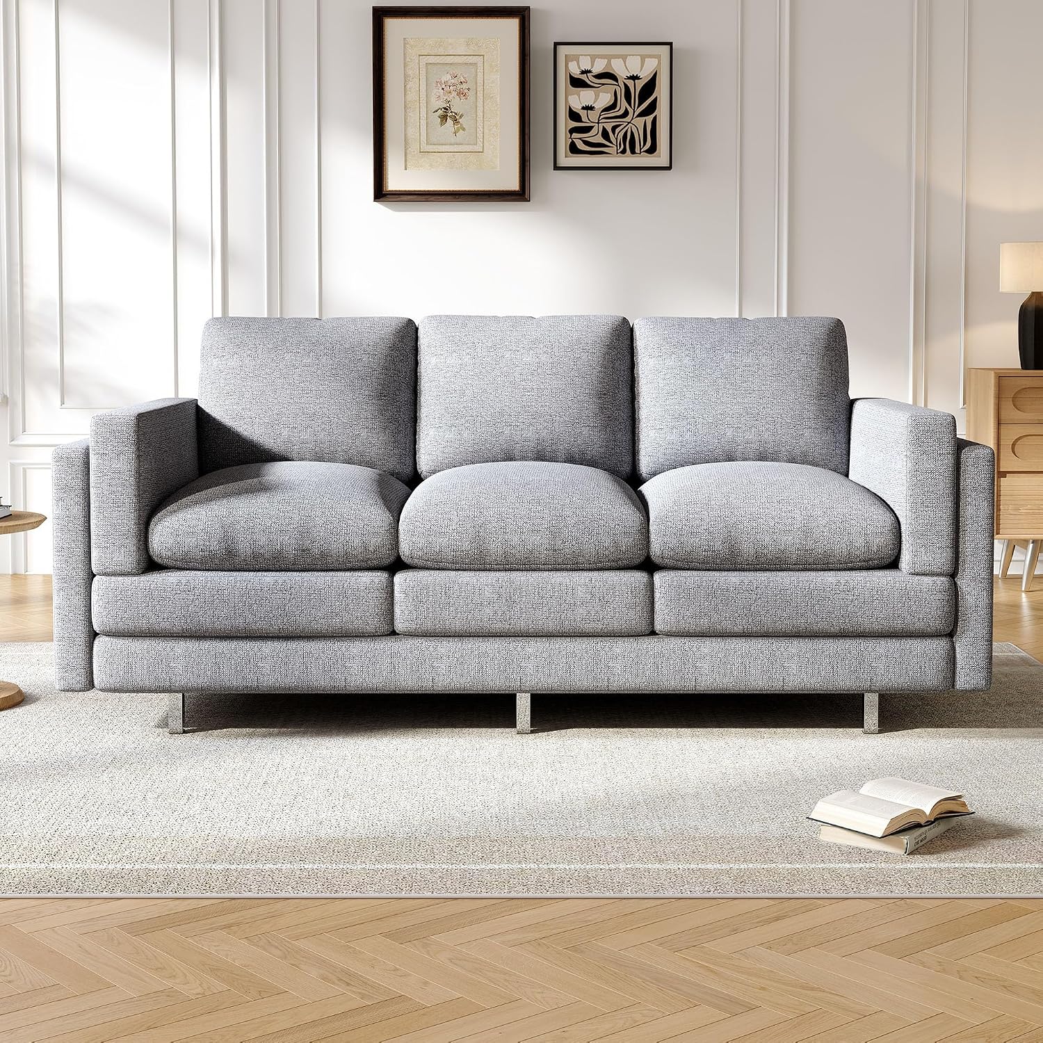 Christopher Knight Home Vincenzo 3 Seater Couch, Chenille Upholstered Sofa Chair, Metal Legs Couch, Dual-Layer Cushions Armchair, 79.5' Sectional Sofa, Comfort Seating for Living Room, Light Gray