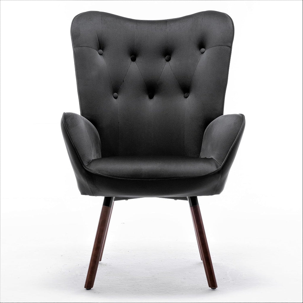 Container Furniture Direct Chic Accent Arm Chairs for Living Room, Bedroom, or Home Office, Button-Tufted Midcentury Armchair with Wingback Design and Splayed Legs, Black