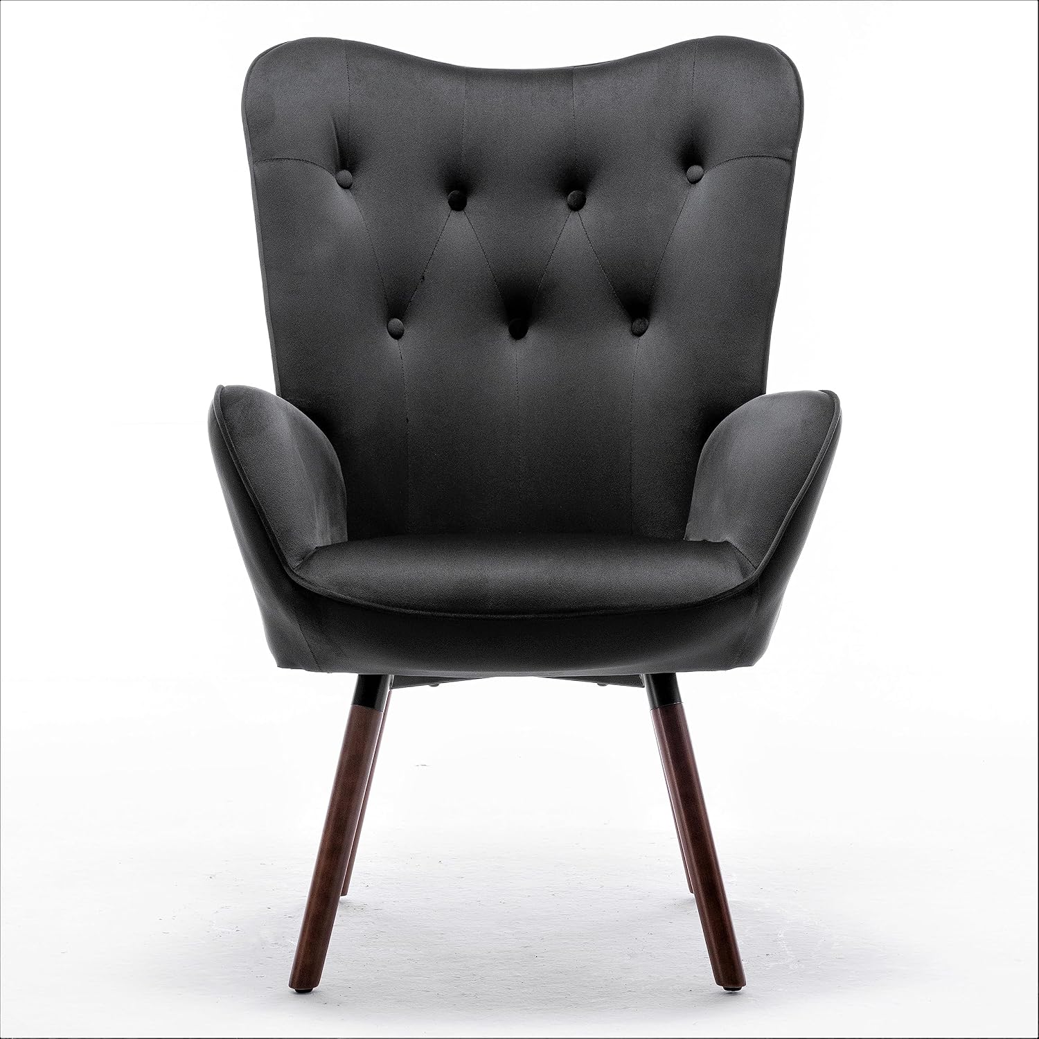 Container Furniture Direct Chic Accent Arm Chairs for Living Room, Bedroom, or Home Office, Button-Tufted Midcentury Armchair with Wingback Design and Splayed Legs, Black