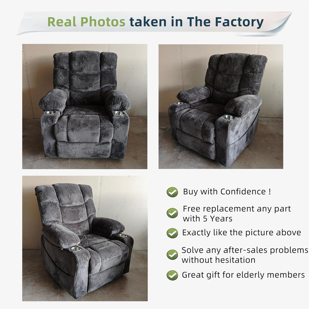 Power Lift Recliner Chair for Elderly, Overstuffed Back Lift Chair with Massage/Heat, Power Recliner Lay Flat 160° Cup Holders for Living Room（Grey）