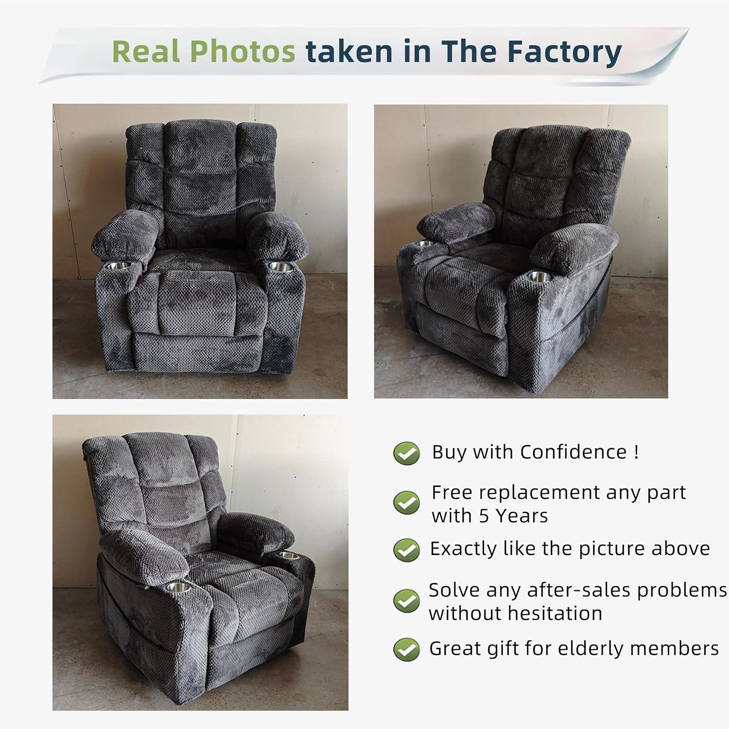 Power Lift Recliner Chair for Elderly, Overstuffed Back Lift Chair with Massage/Heat, Power Recliner Lay Flat 160° Cup Holders for Living Room（Grey）
