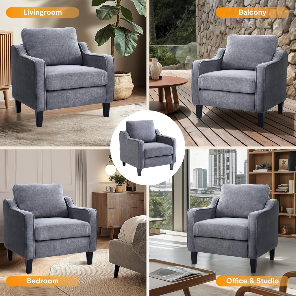 FLEXISPOT AC2 Accent Chair for Living Room, Mid Century Modern Reading Chair for Bedroom, Upholstered Armchair Comfy Single Sofa Side Chair for Office, Apartment, Small Room, Grey