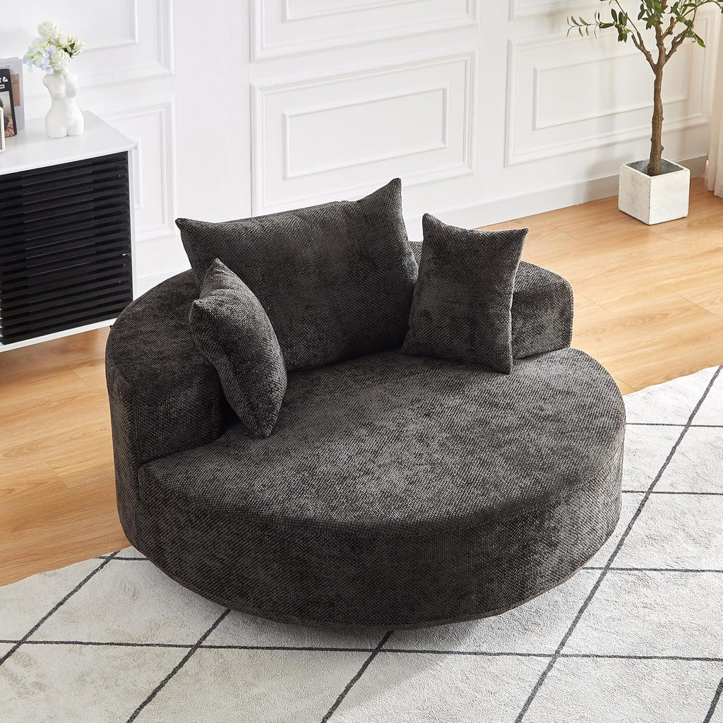KEIKI 55' Oversized Swivel Accent Chair, Chenille Large Barrel Chairs, Upholstered Round Swivel Chair Single Sofa Armchair, Sleeper Chair for Living Room, Lounge, Black
