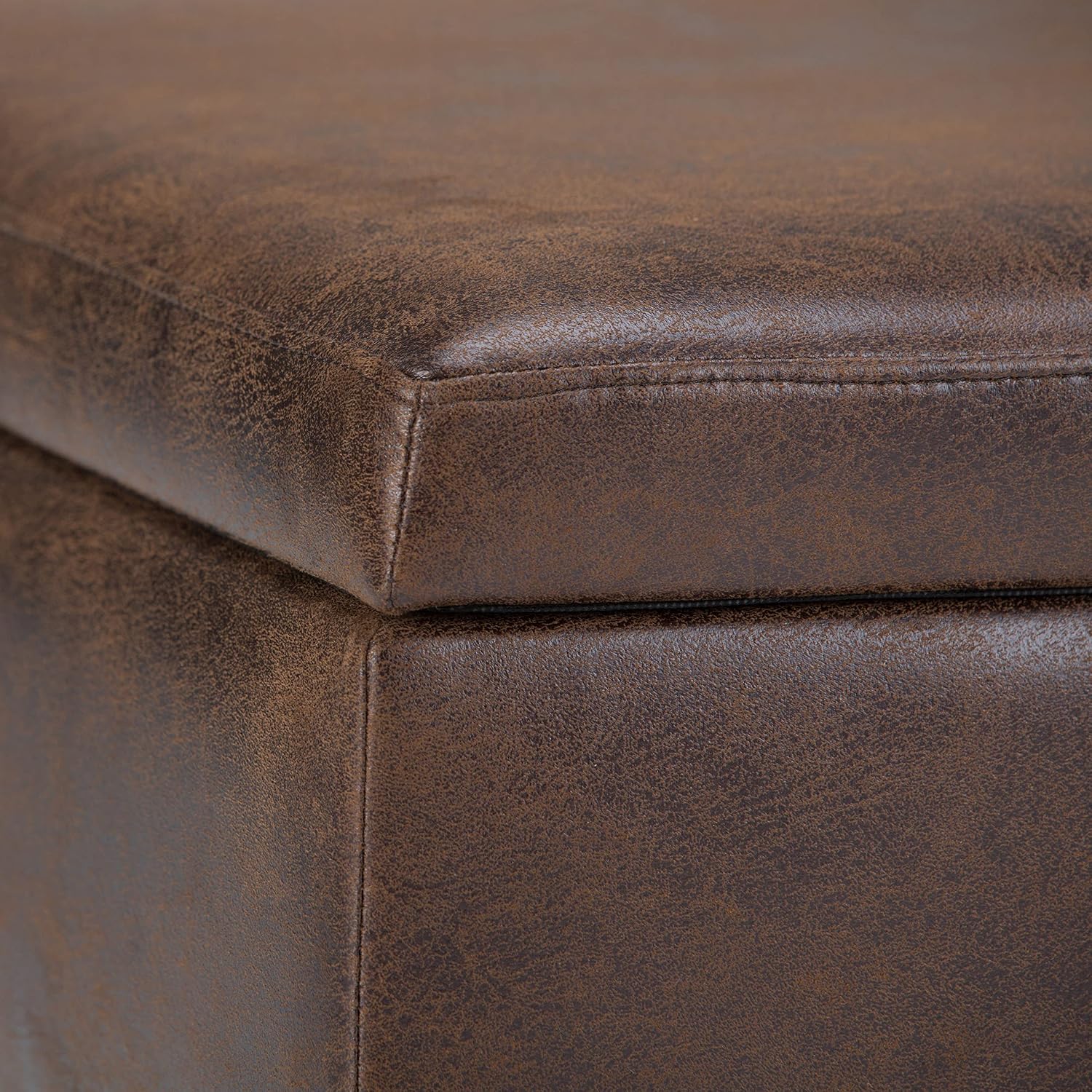 SIMPLIHOME Owen Coffee Table Storage Ottoman - 34' Wide x 19' High Upholstered Vegan Leather Rectangular Lift-Top Ottoman in Distressed Chestnut Brown, Mid-Century Modern Bench with Tapered Legs